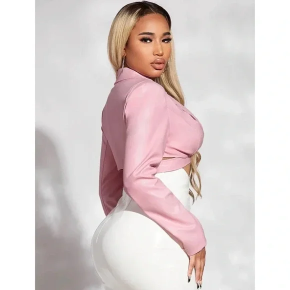 Sexy Faux Leather Baby Pink Single Button Crop Jacket - Picture 2 of 6